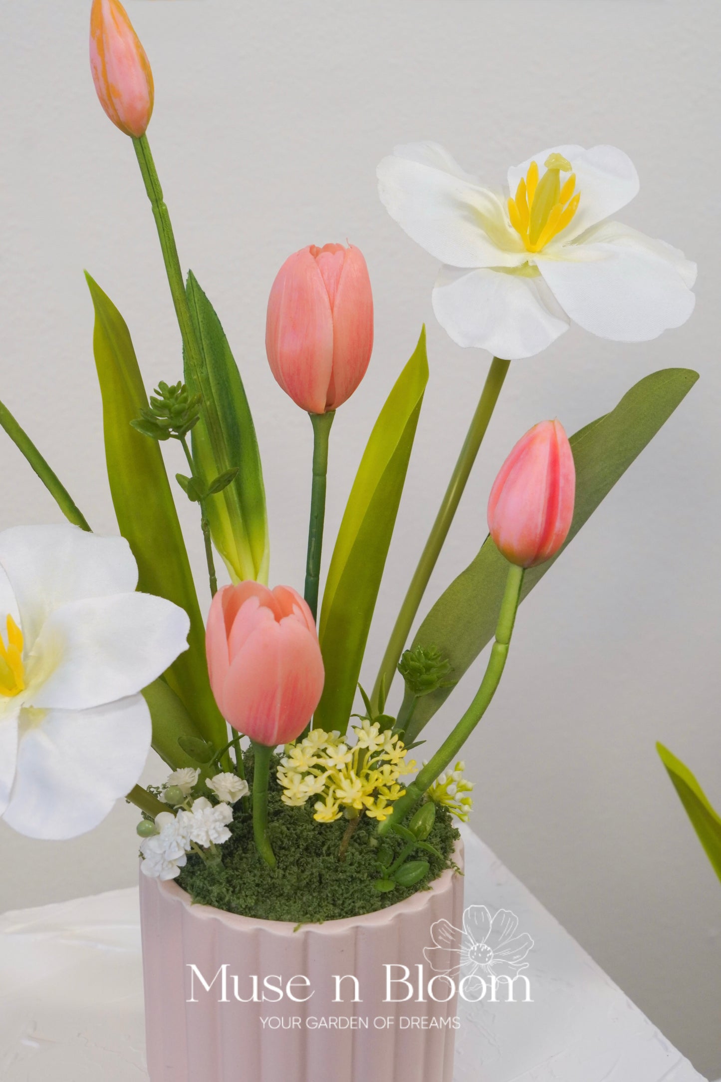 Artificial Pink White Tulip Flower Arrangement w/ Pink Vase