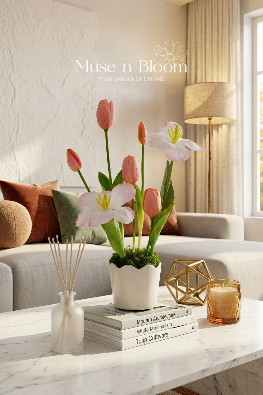 Artificial Pink Tulip Flower Arrangement w/ Vase