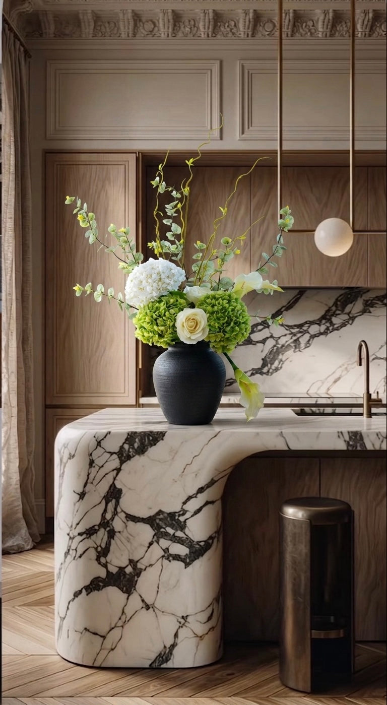 Modern Green & White Faux Flower Arrangement in Black Vase| Contemporary Accent Décor