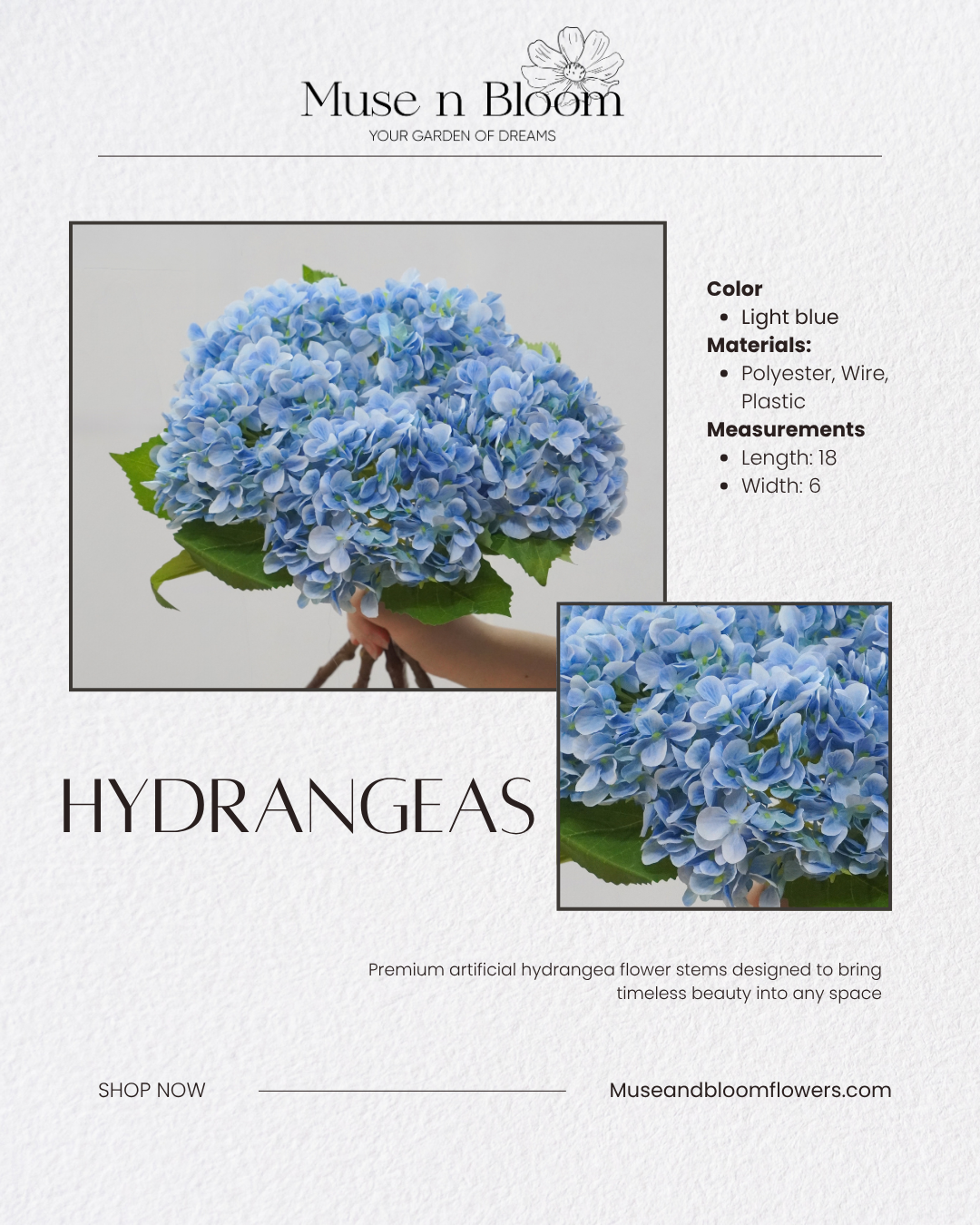 Artificial Hydrangeas 18" Stem (Choose Color)