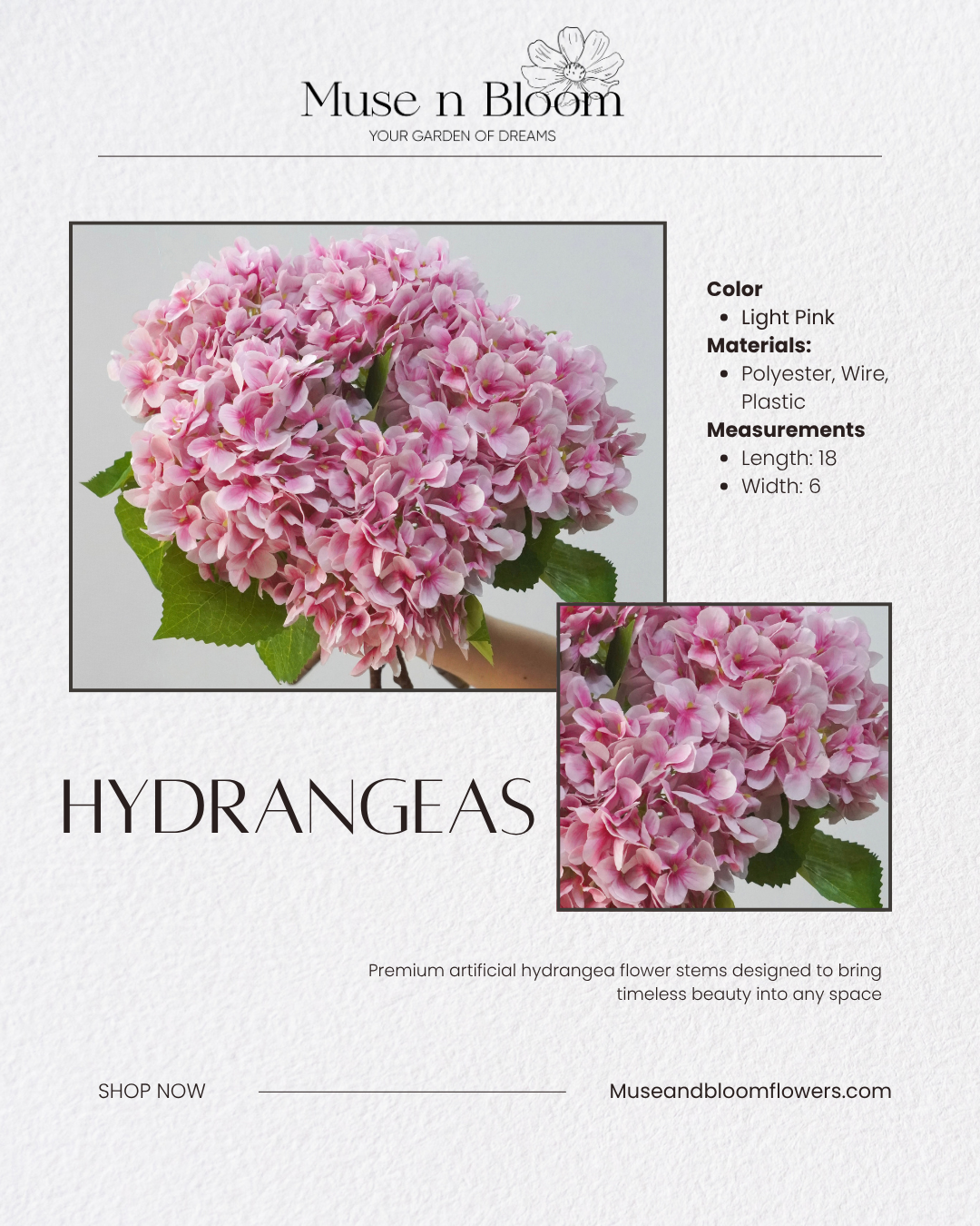 Artificial Hydrangeas 18" Stem (Choose Color)