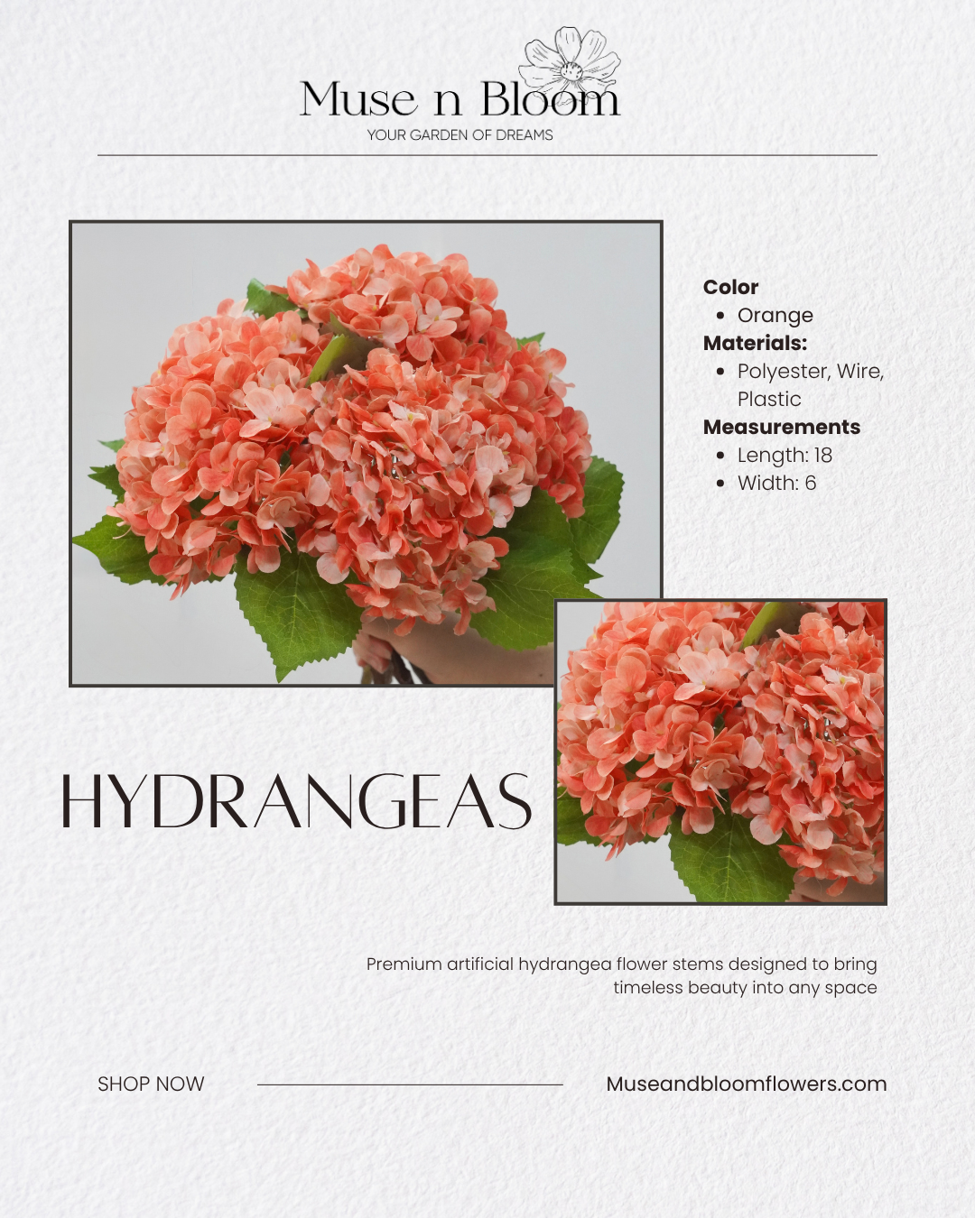 Artificial Hydrangeas 18" Stem (Choose Color)