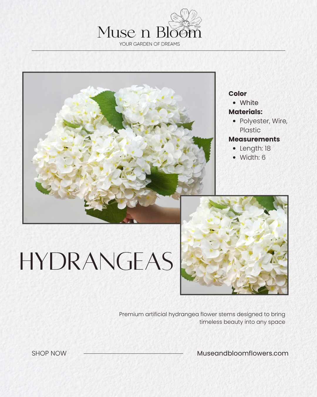 Artificial Hydrangeas 18" Stem (Choose Color)
