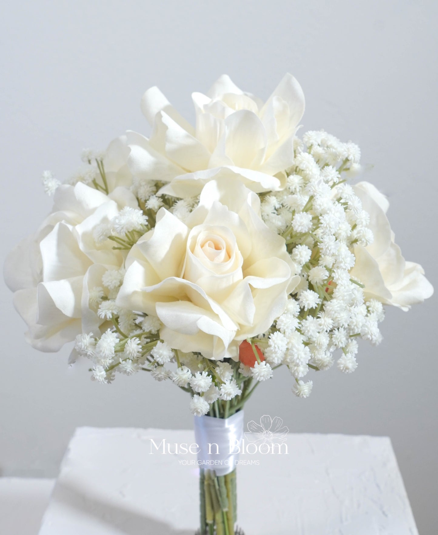 Artificial Rose & Baby's Breath Bridal Bouquet - White Real Touch Wedding Flowers