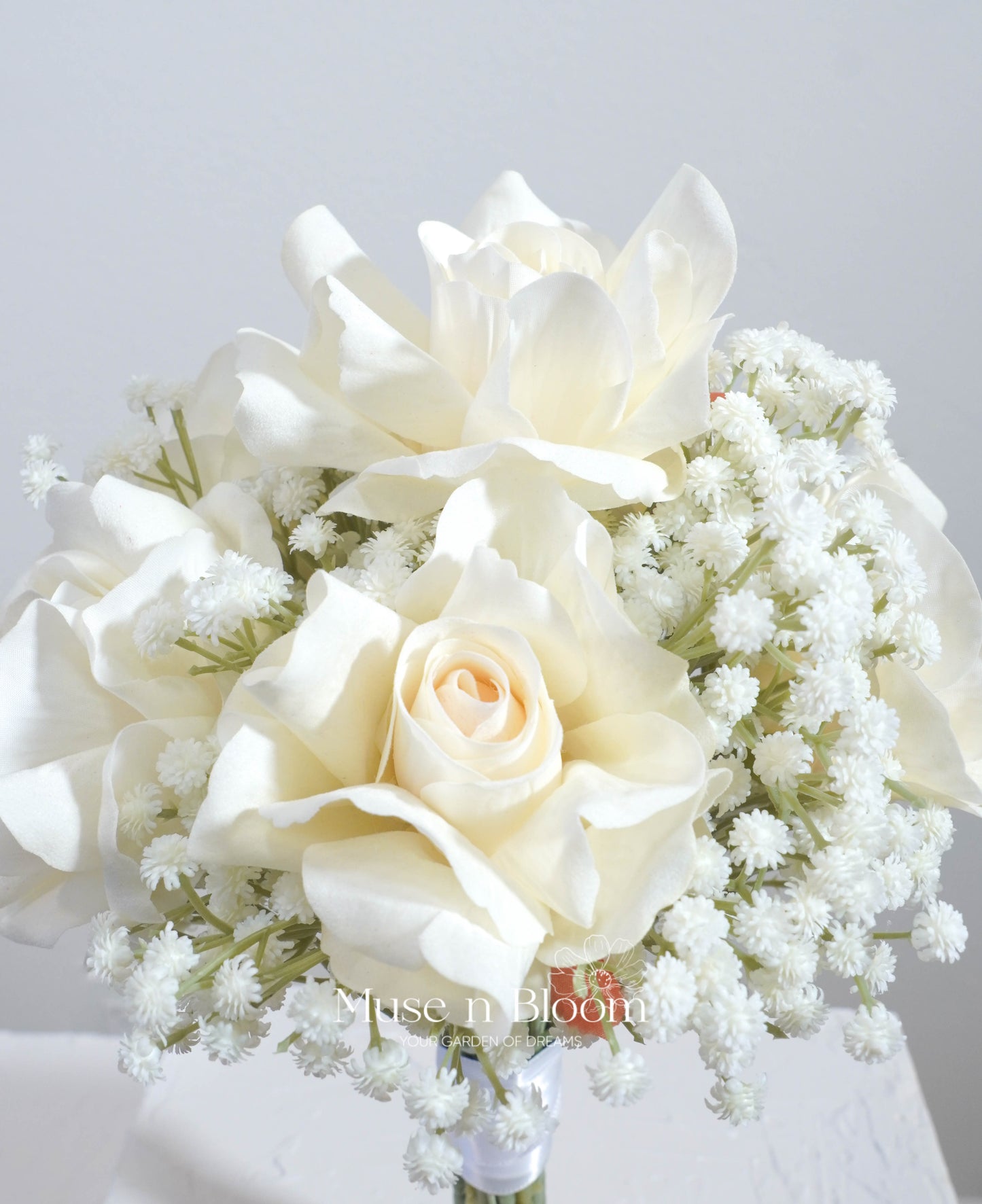 Artificial Rose & Baby's Breath Bridal Bouquet - White Real Touch Wedding Flowers