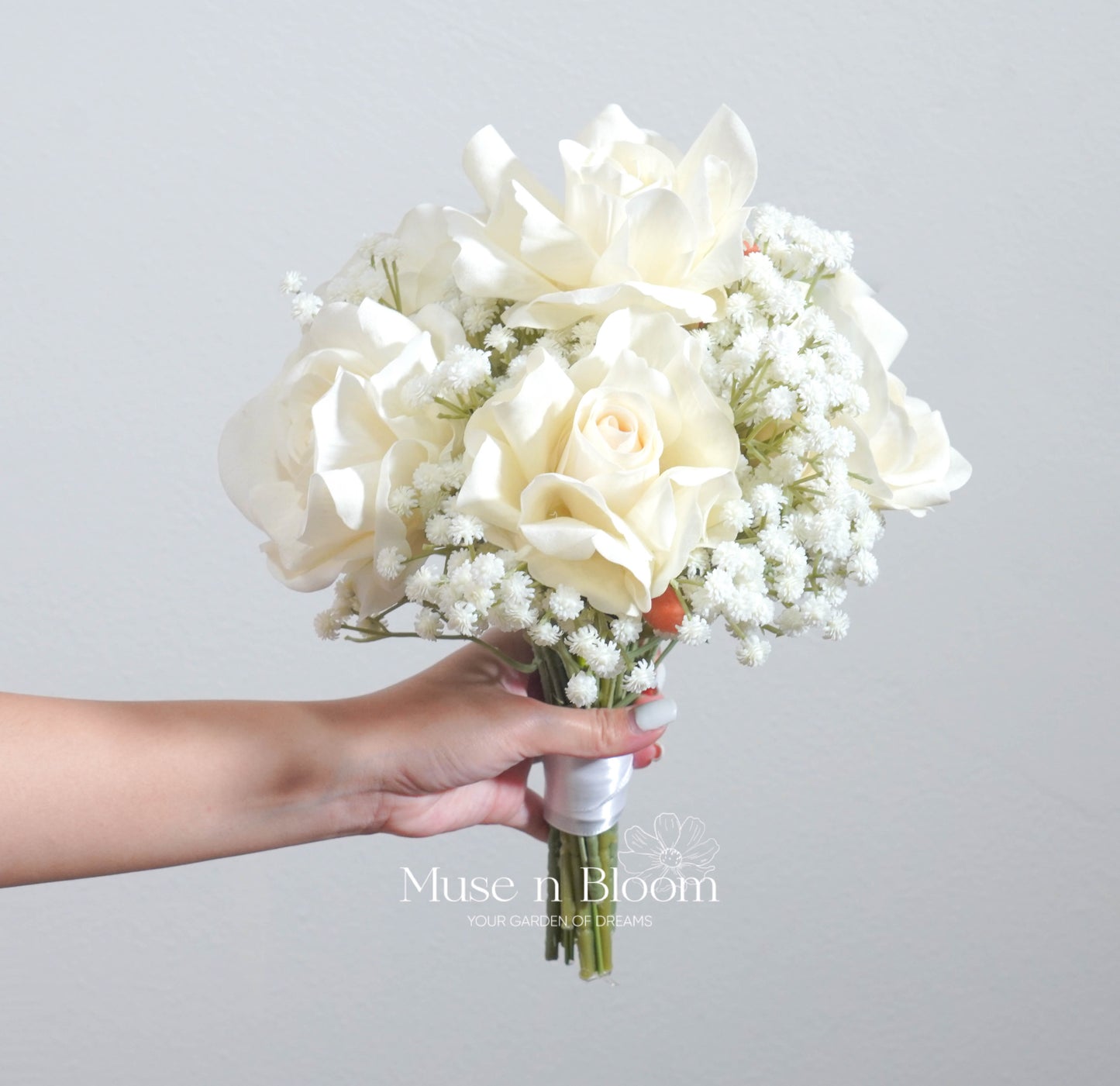 Artificial Rose & Baby's Breath Bridal Bouquet - White Real Touch Wedding Flowers