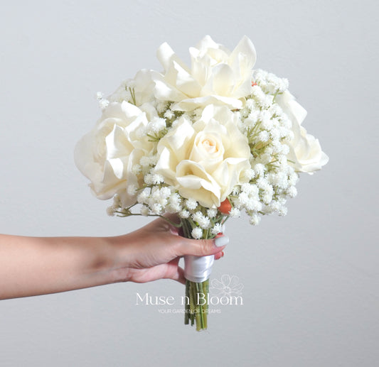 Artificial Rose & Baby's Breath Bridal Bouquet - White Real Touch Wedding Flowers