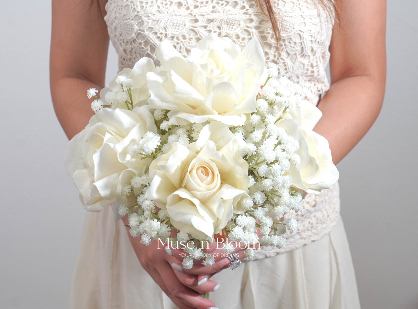 Artificial Rose & Baby's Breath Bridal Bouquet - White Real Touch Wedding Flowers