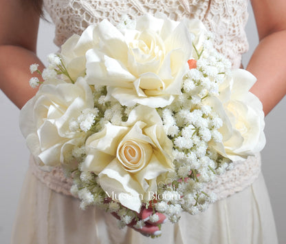 Artificial Rose & Baby's Breath Bridal Bouquet - White Real Touch Wedding Flowers