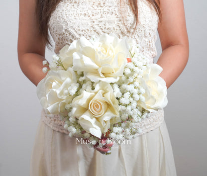 Artificial Rose & Baby's Breath Bridal Bouquet - White Real Touch Wedding Flowers