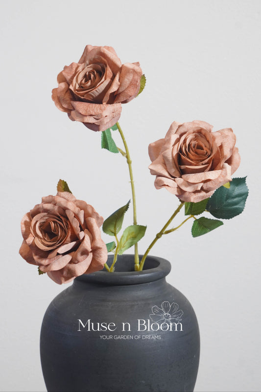 Artificial Silk Rose Stem - 3 Bloom Faux Flower Rose 32"