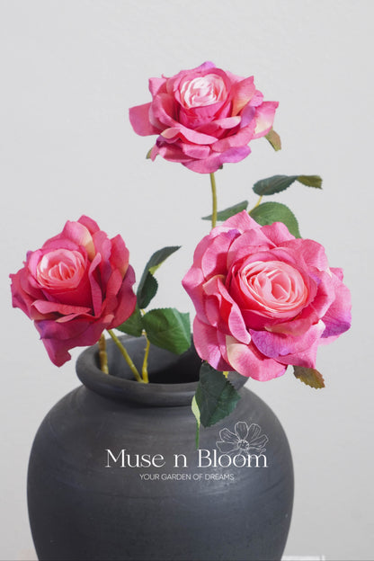 Artificial Silk Rose Stem - 3 Bloom Faux Flower Rose 32"