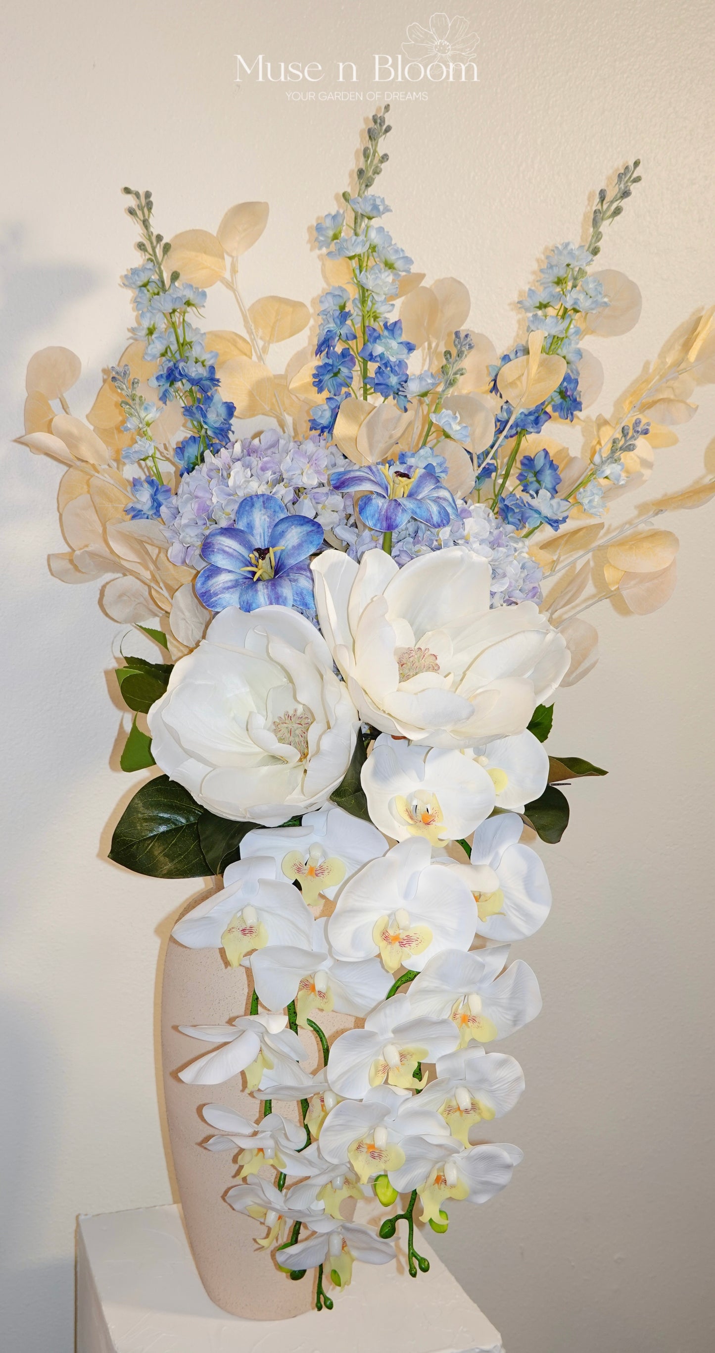 Artificial Flower Arrangement – Blue & White Orchid Cascade