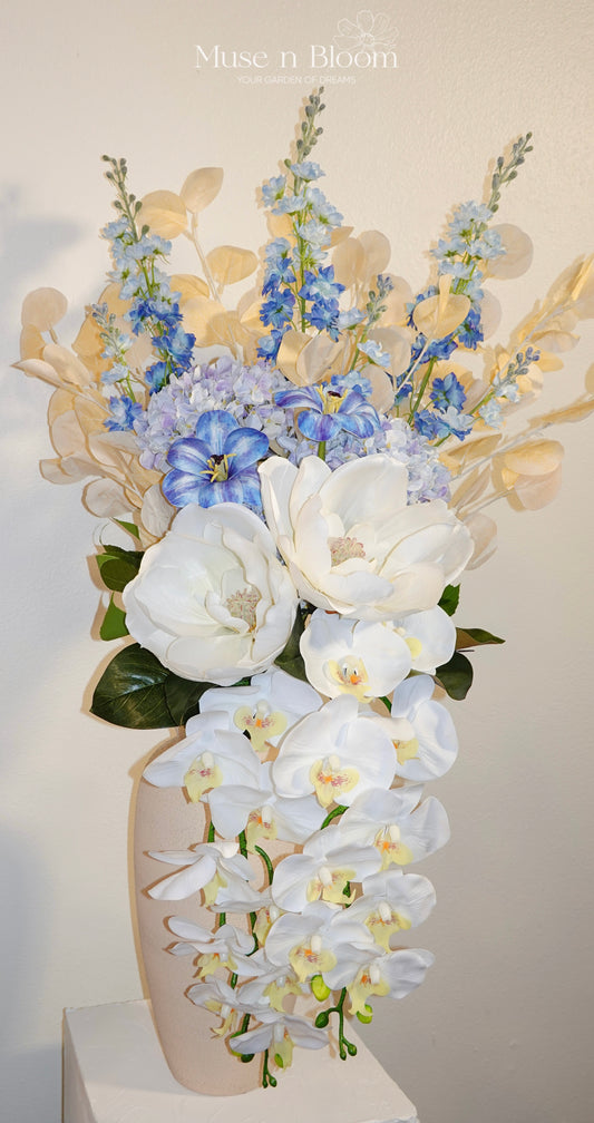 Artificial Flower Arrangement – Blue & White Orchid Cascade