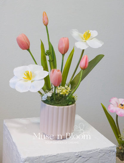 Artificial Pink White Tulip Flower Arrangement w/ Pink Vase