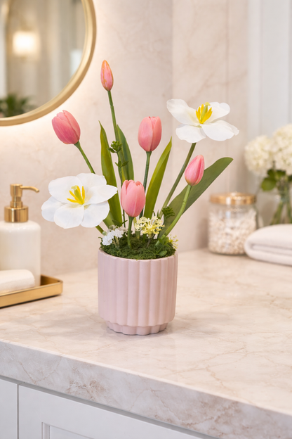 Artificial Pink White Tulip Flower Arrangement w/ Pink Vase