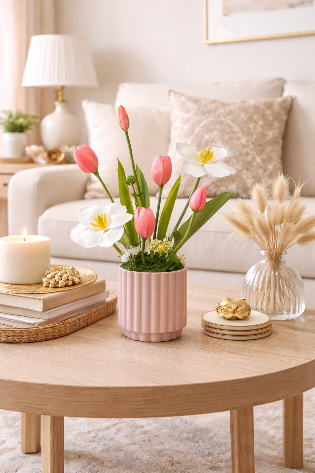 Artificial Pink White Tulip Flower Arrangement w/ Pink Vase