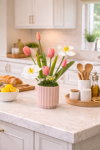 Artificial Pink White Tulip Flower Arrangement w/ Pink Vase