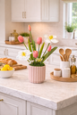 Artificial Pink White Tulip Flower Arrangement w/ Pink Vase