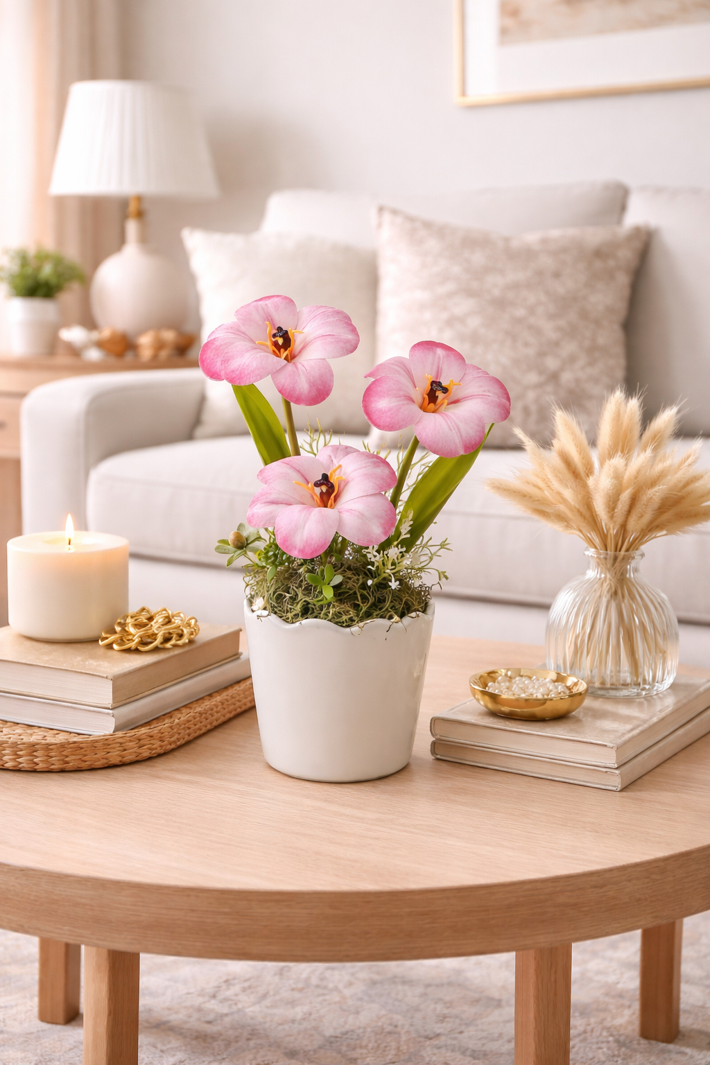 Artificial Pink Bloomed Tulip Flower Arrangement w/ Vase