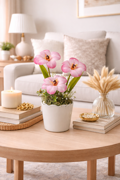Artificial Pink Bloomed Tulip Flower Arrangement w/ Vase
