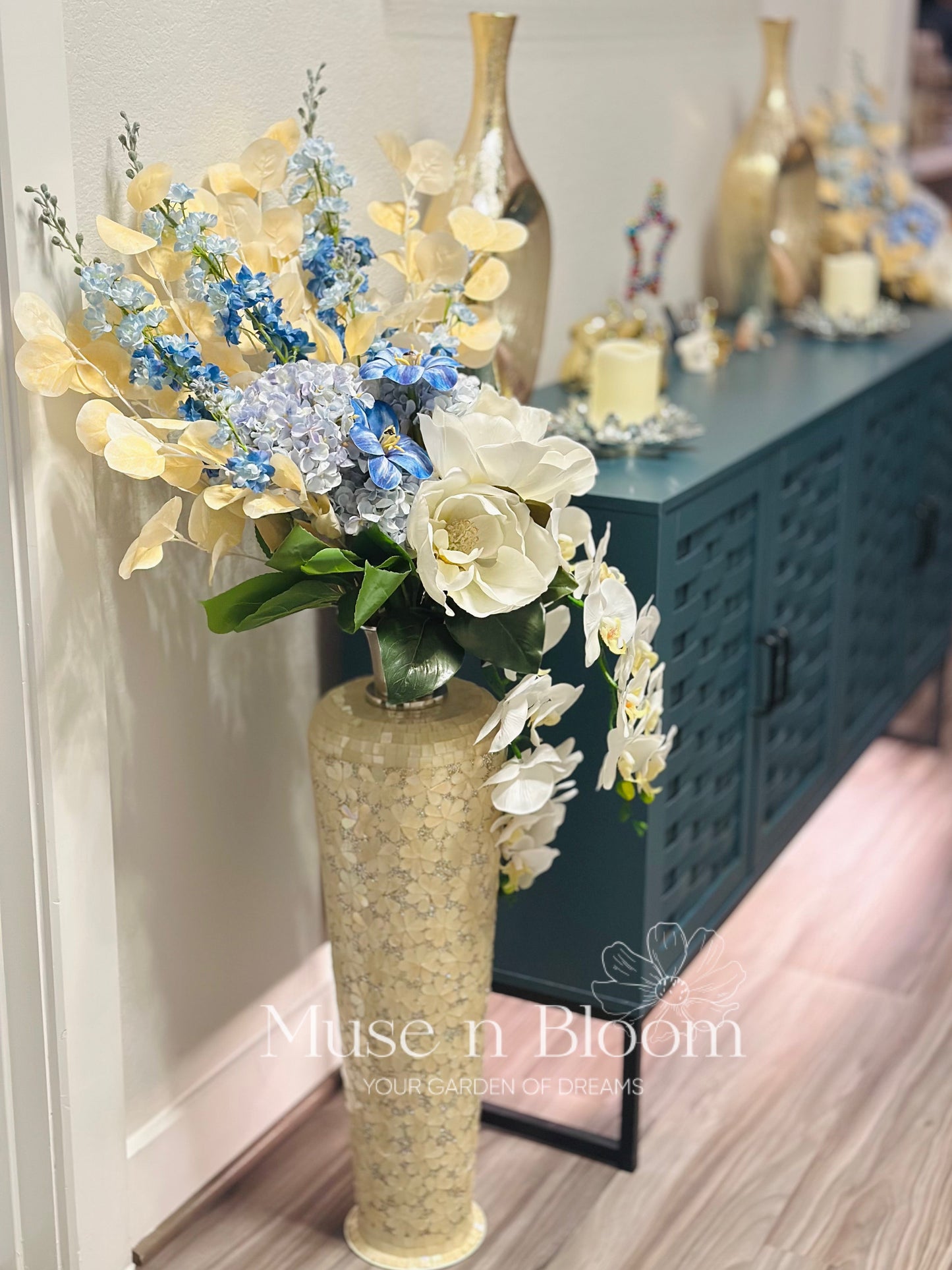 Artificial Flower Arrangement – Blue & White Orchid Cascade