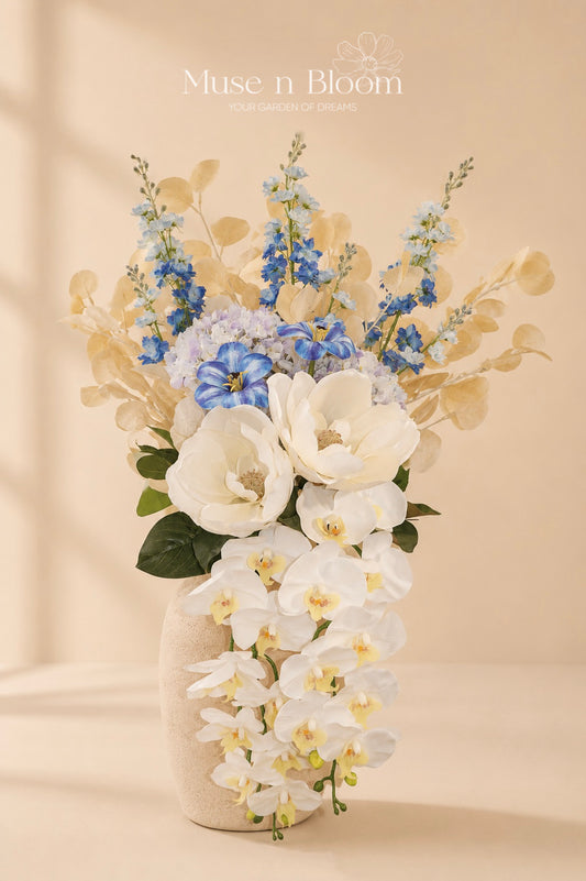 Artificial Flower Arrangement – Blue & White Orchid Cascade