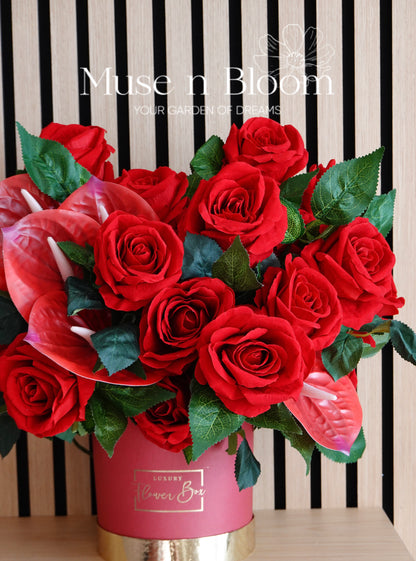 Artificial Flower Box Arrangement (M) - Luxury Red Rose Gift Box