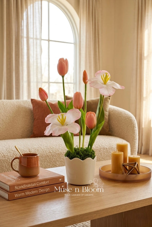 Artificial Pink Tulip Flower Arrangement w/ Vase
