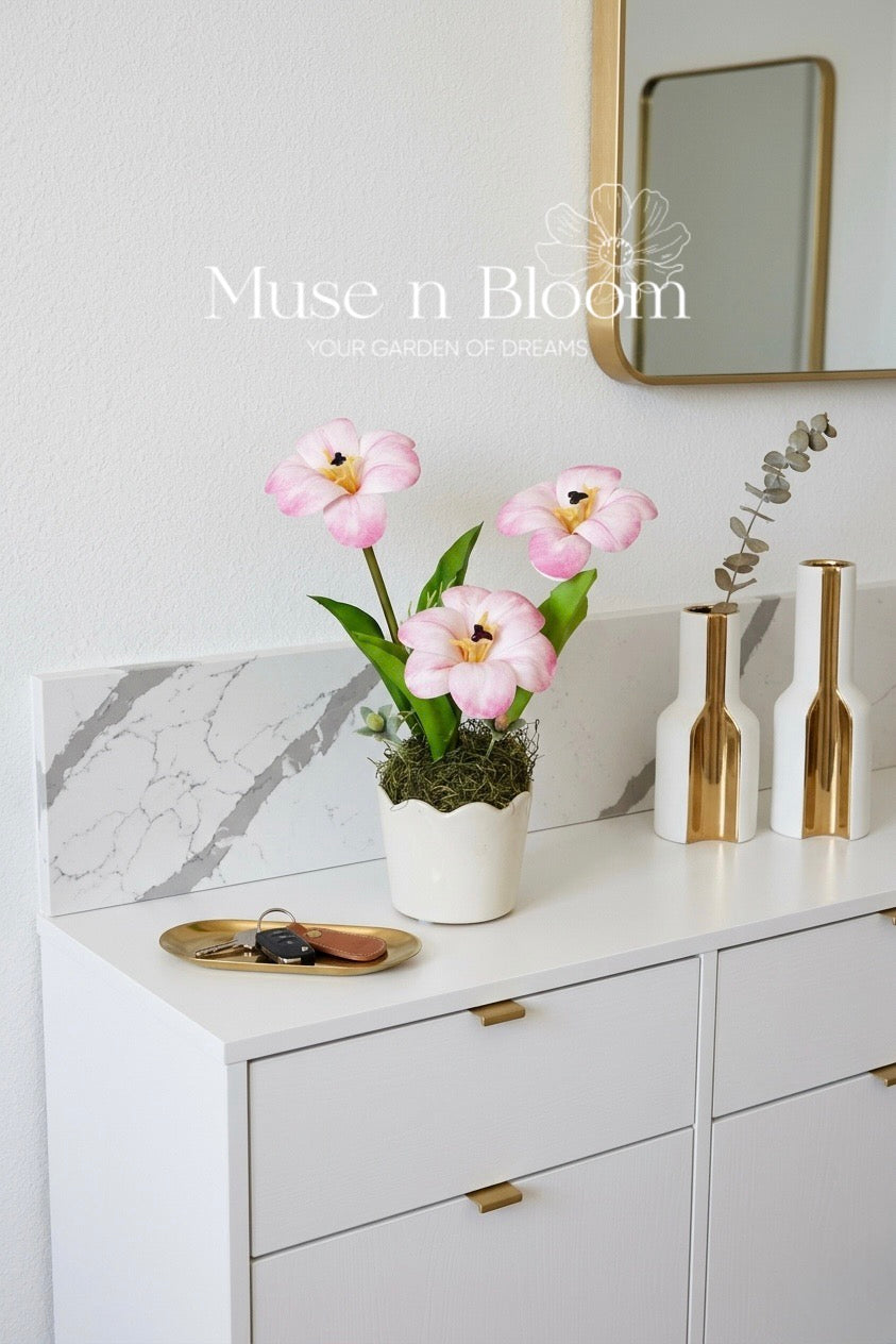 Artificial Pink Bloomed Tulip Flower Arrangement w/ Vase