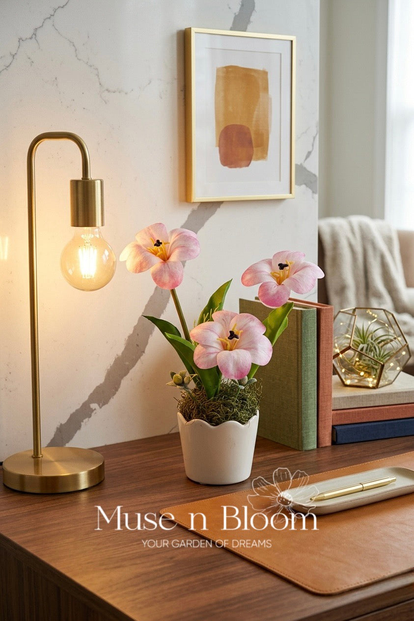 Artificial Pink Bloomed Tulip Flower Arrangement w/ Vase