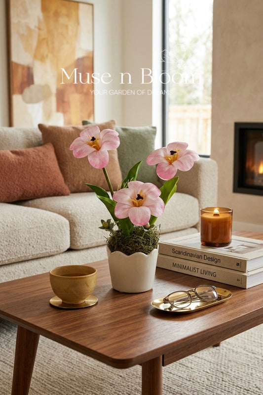 Artificial Pink Bloomed Tulip Flower Arrangement w/ Vase
