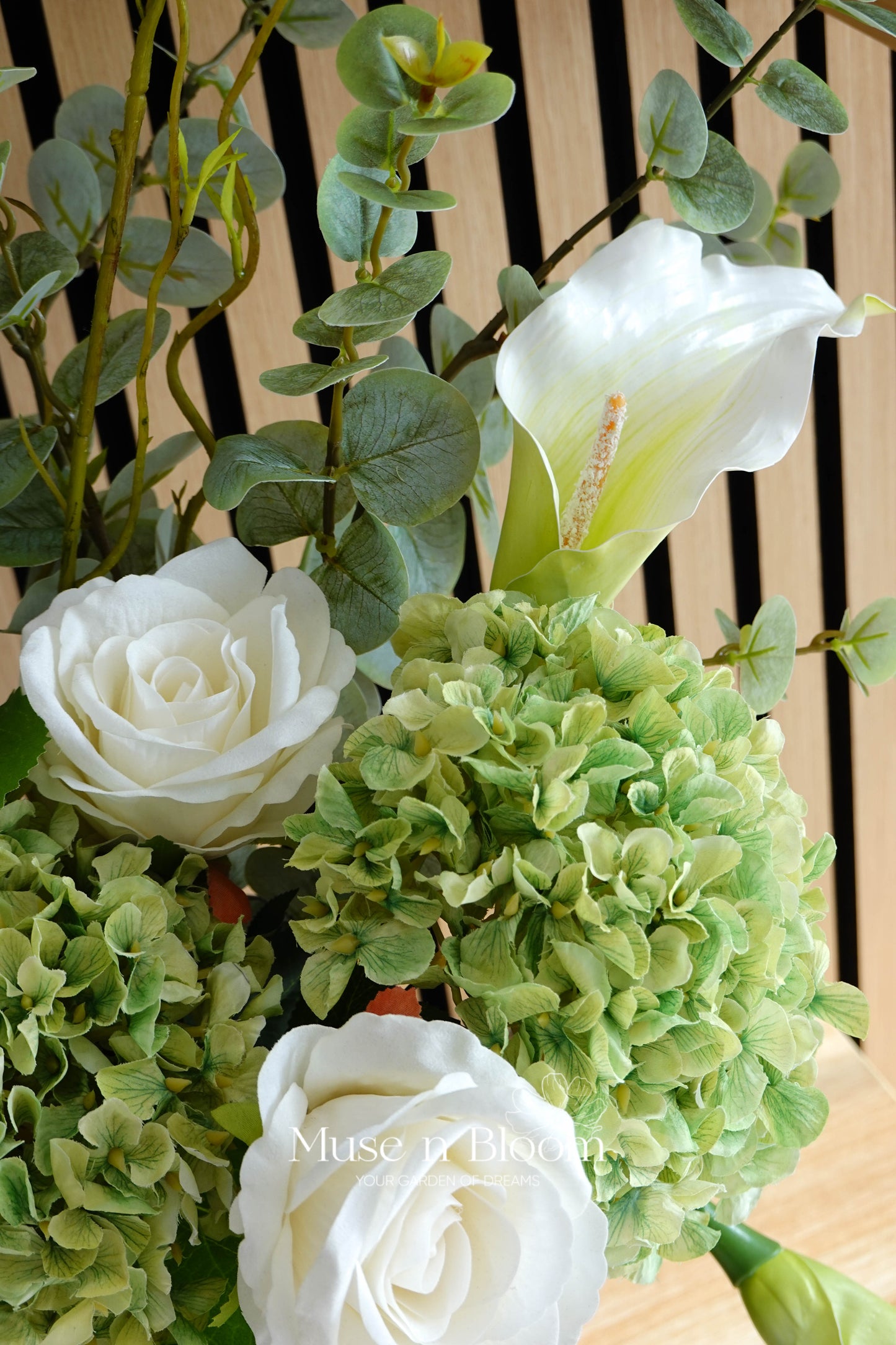 Modern Green & White Faux Flower Arrangement in Black Vase| Contemporary Accent Décor