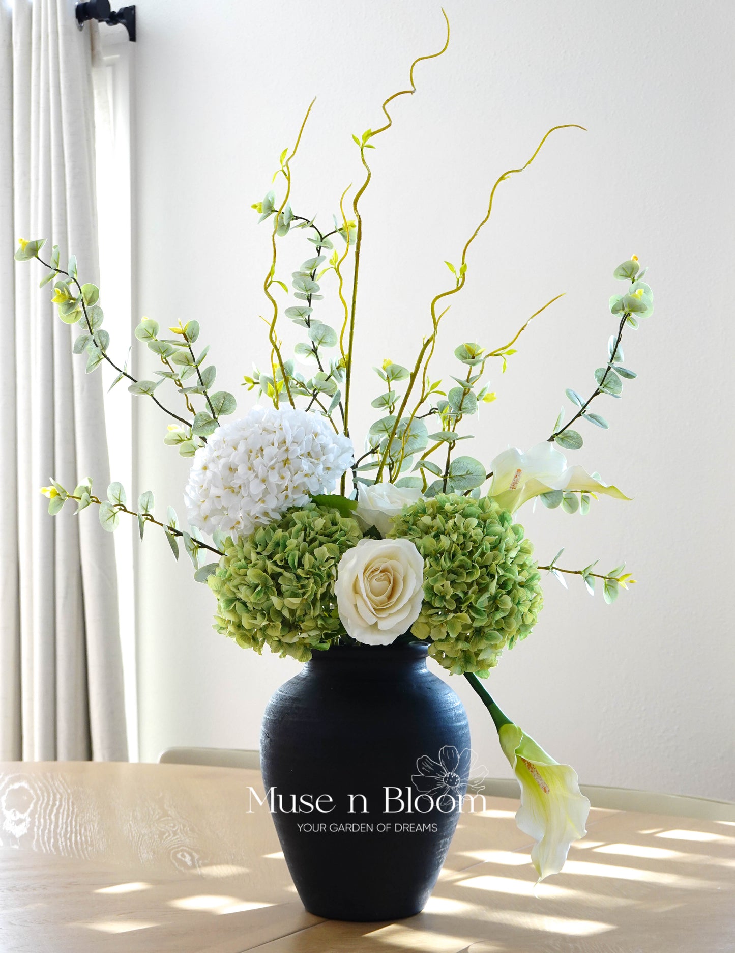 Modern Green & White Faux Flower Arrangement in Black Vase| Contemporary Accent Décor
