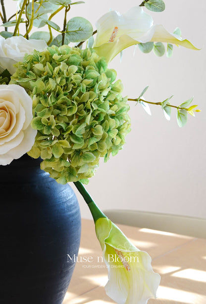 Modern Green & White Faux Flower Arrangement in Black Vase| Contemporary Accent Décor